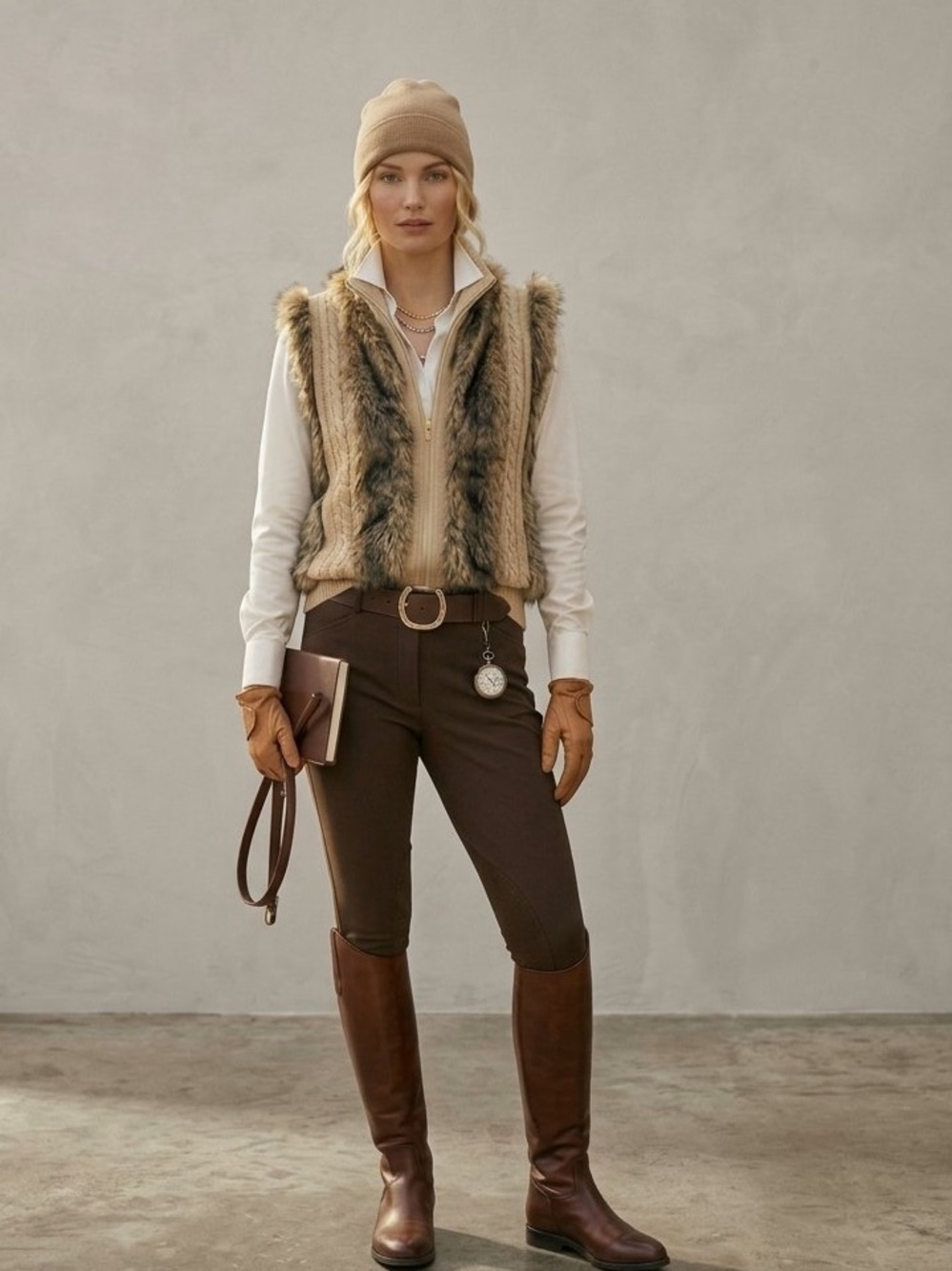 Yoki Cream Cable Knit Faux Fur Trim Vest Zip Front Vintage Boho Chic SizeXL